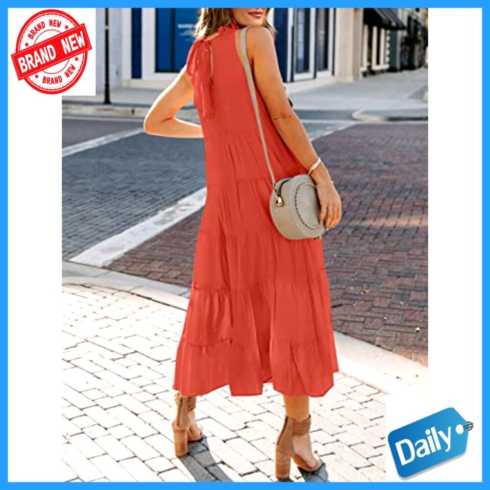 Sleeveless Halter Midi Maxi Dress Loose Fit Pleated Tiered Flowy Boho Beach - Picture 4 of 7